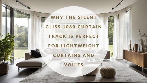 Elegant living room featuring curved floor-to-ceiling windows dressed with lightweight voiles and netting, smoothly suspended on a discreet Silent Gliss 1080 curtain track, offering a minimalistic and seamless look